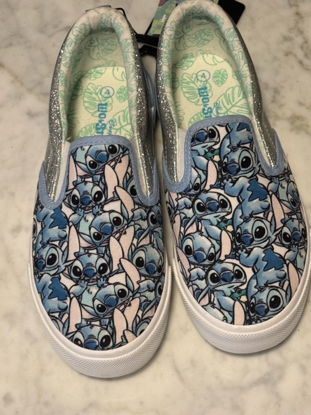 Disney Kids Slip-On Sneakers with Blue Stitch Pattern and Silver Glitter Trim